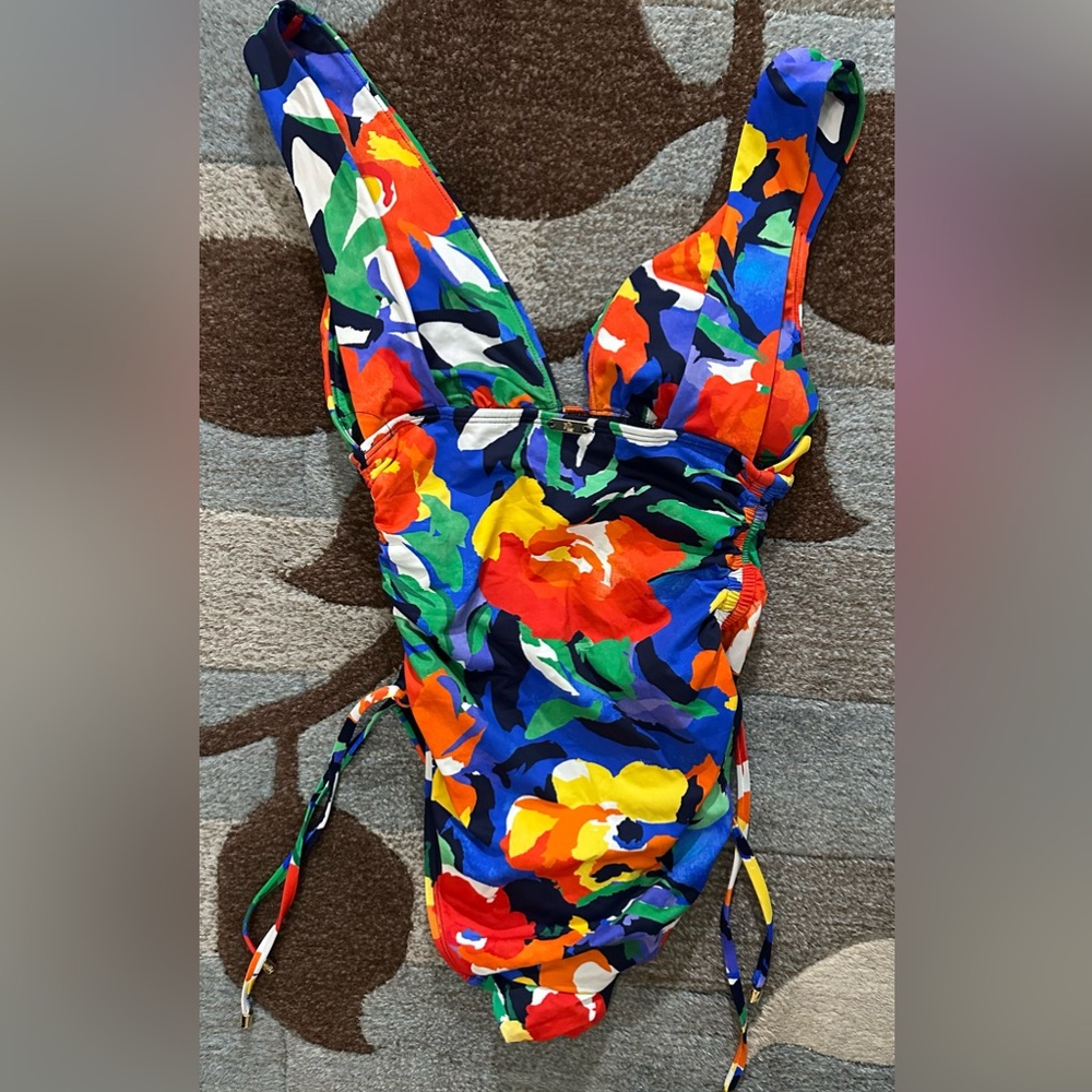 LRL Lauren Ralph Lauren Floral Shirred Plunge One Piece Swimsuit - Picture 4 of 9